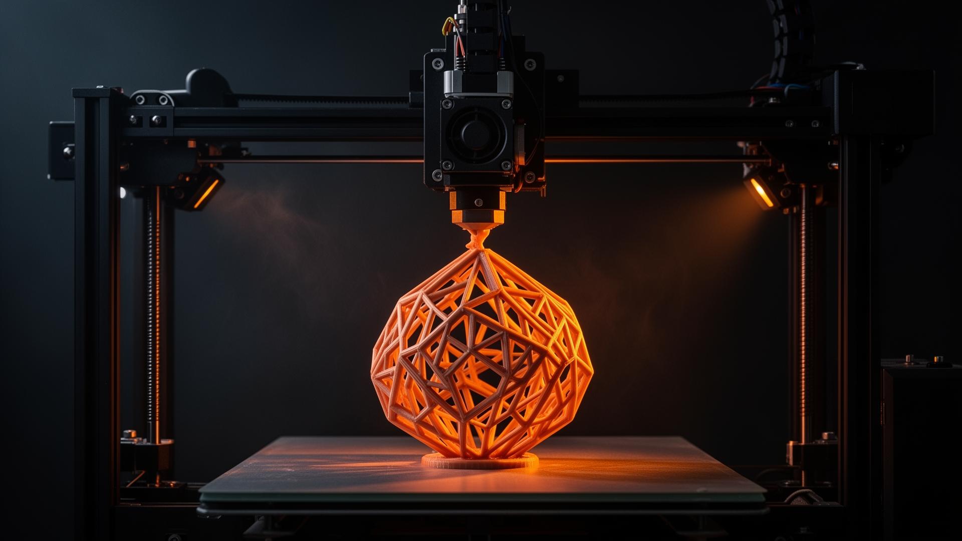 Industrial 3D printer extruding an intricate orange geometric lattice